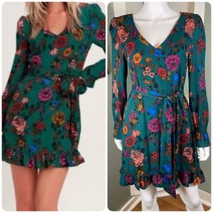 New NWT Jack by BB Dakota Teal Floral Long Sleeve Mini Dress Hunter Green Size 6